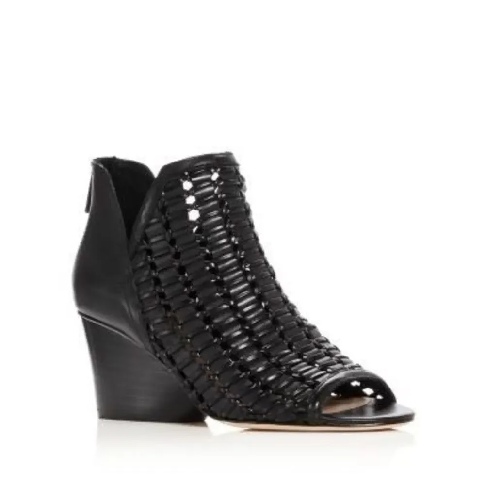 New Donald J Pliner Women's JACQI‎ Woven Wedge Peep Toe Zip Bootie Black 6